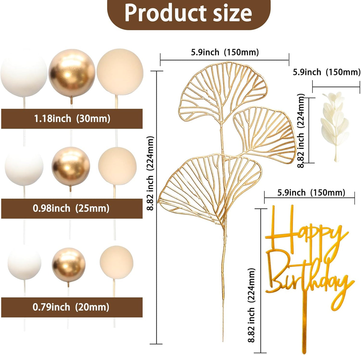 Gyufise 57Pcs Khaki Balls Cake Topper Boho Grass Cake topper Pearl Balls Acrylic Happy Birthday Cake Decorations for Wedding Baby Shower Birthday Boho Themed Party Supplies Khaki White Gold