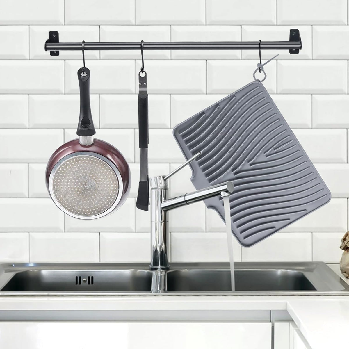 Silicone Dish Drying Mat for Kitchen Counter, Dish Drying Pad, Non-Slip Drain Pad with Built-in Drain, Heat Resistant Stone Drying Mat(15.8" x 13", Grey)