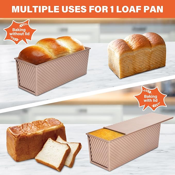 Pullman Loaf Pan with Lid 13x4 Inch, 2.2lb Dough Capacity for Homemade Bread, Non-stick Corrugated Carbon Steel Bread Toast Box with Cover for Bakeware, Sandwich & Toast Oven Baking, Gold
