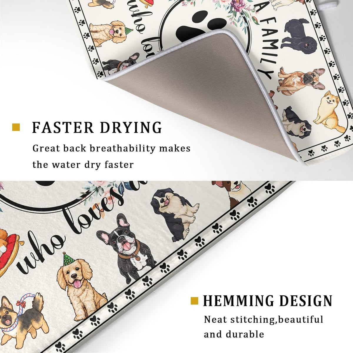 Dog Family Dish Drying Mat Cartoon Pet 18 X 24 in Absorbent Printed Drying Pad for Dog Lover