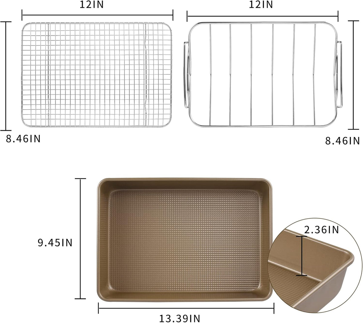 KitCom Bakeware Nonstick Carbon Steel Roaster with Flat Rack and V-Rack, 0.8MM Thickness Textured Base, Champagne Gold