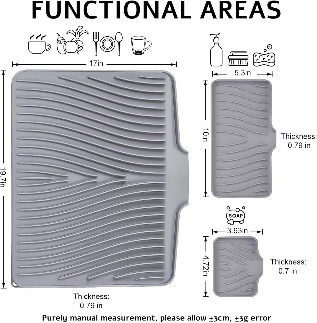 Silicone Dish Drying Mat for Kitchen Counter, Dish Drying Pad, Non-Slip Drain Pad with Built-in Drain, Heat Resistant Stone Drying Mat, 1 set XL(Grey)