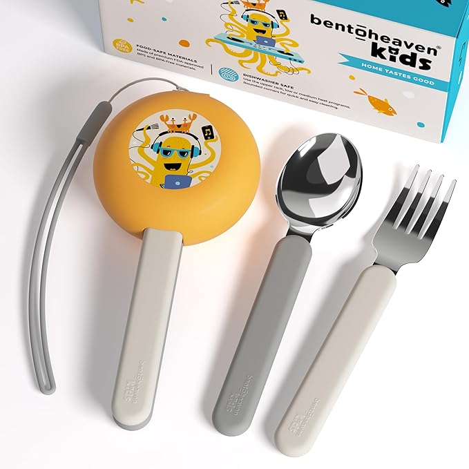 Bentoheaven Kids Travel Utensils with Case, Food-Grade Stainless Steel & BPA-Free Plastic, Travel Cutlery Set, Dishwasher Safe Fork, Spoon & Case, Reusable Flatware, Silverware for Kids (Octopus)