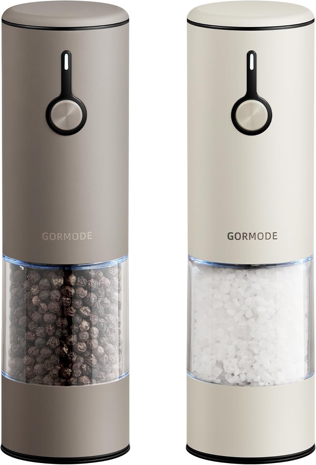 Stainless Steel Rechargeable Electric Salt and Pepper Grinder Set – USB Charging, One-Hand Electric Mill, Adjustable Coarseness, LED Light & Dust Cover – Brown + Cream