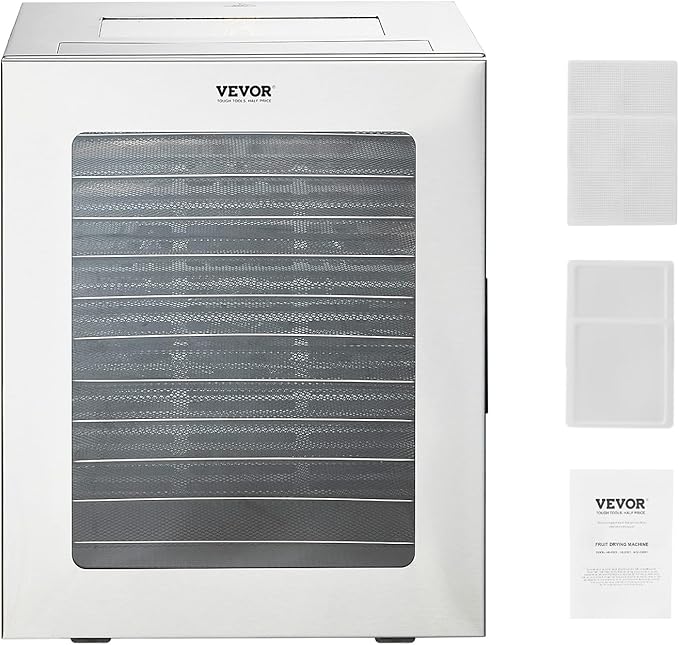VEVOR Food Dehydrator, 12 Stainless Steel Trays Dehydrators Machine, 850W Food Dryer with Adjustable Temp & 24-Hour Timer, Dehydrator for Food and Jerky, Meat, Fruit, Vegetables, Herbs, Dog Treats