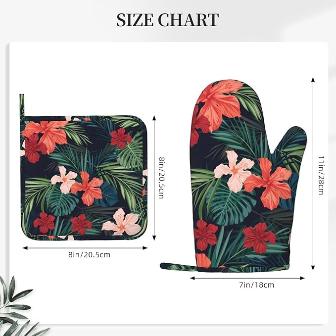 Tropic Hawaiian Hibiscus Flower Oven Mitts Pot Holders Set Silicone Heat Resistant Green Leaves Red Floral Oven Mitts and Hot Pads Potholders Non-Slip Oven Gloves for Cooking Baking Grilling