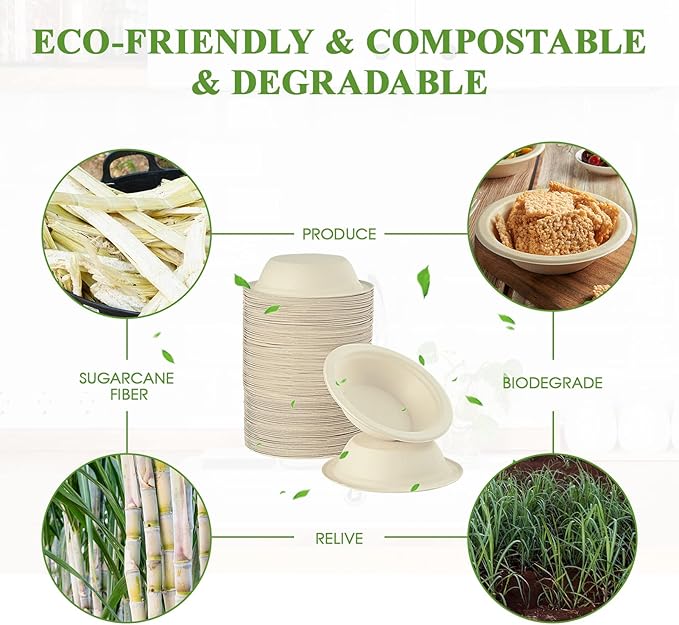 Vplus 200 Pack 12 OZ Paper Bowls, Disposable Compostable Bulk, Eco-friendly Bagasse, Heavy-duty Bowls Perfect for Milk Cereals, Snacks, Salads