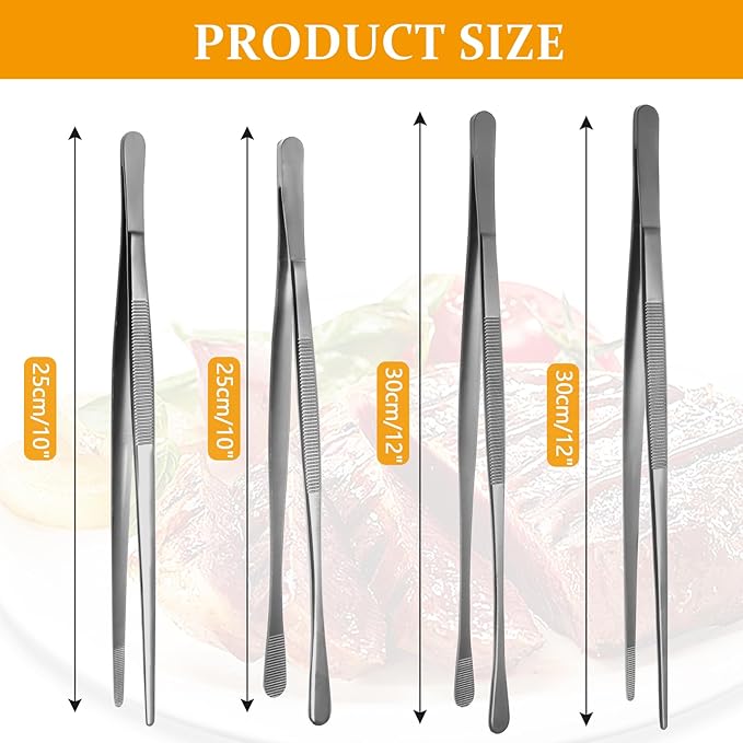 Litoexpe 4 PCS 10in & 12in Fine Tweezer Tongs, Stainless Steel Cooking Tongs for BBQ Sea Food Repairing Serving, Silver