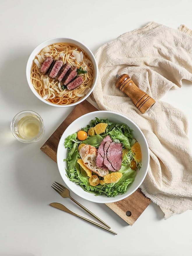 Kanwone Large Serving Bowls - 9.5 inch, 90oz Ceramic Salad Bowls, Fruit Bowls, Pasta, Soup Bowls, Set of 2, Serving Bowls for Entertaining, Microwave and Dishwasher Safe, White