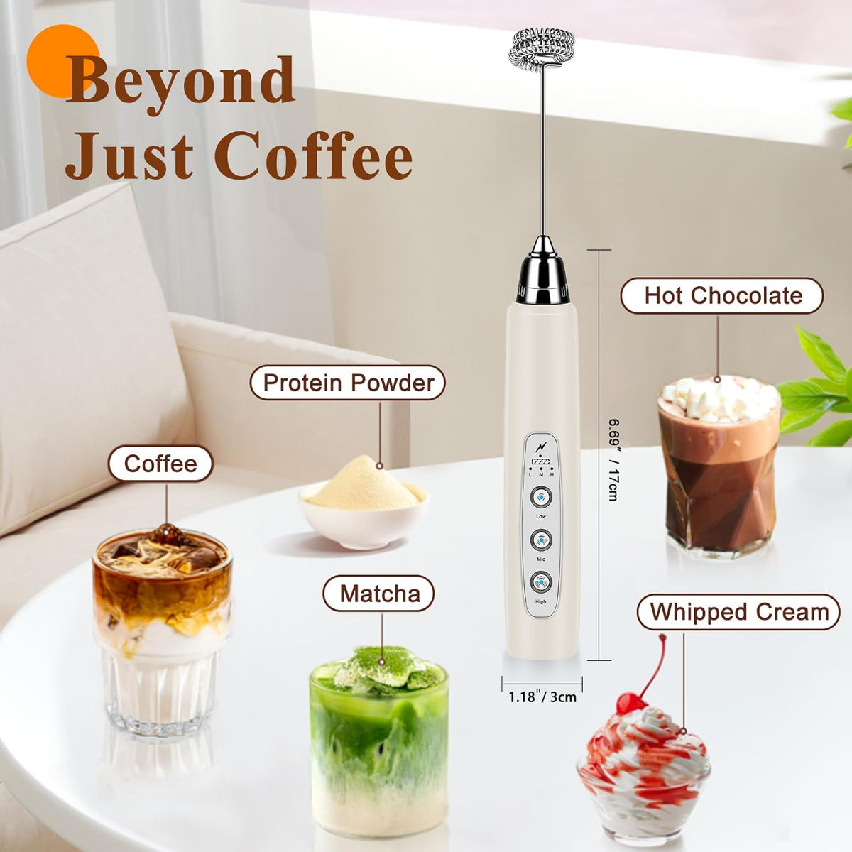 Milk Frother Handheld Rechargeable, Frother Wand Drink Mixer Electric Whisk for Coffee, Detachable With 3 Stainless Whisks, Hand Mixer for Lattes, Cappuccino, Matcha, Egg, No Stand, Beige
