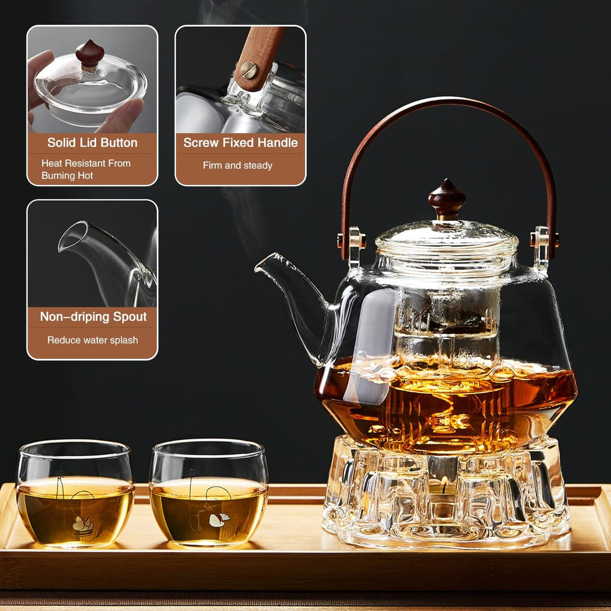40oz Glass Teapot with Anti-Drip Spout, Peach Wood Handle and Lid, Heat-Resistant Borosilicate Glass, Dual Infusers for Steaming and Boiling