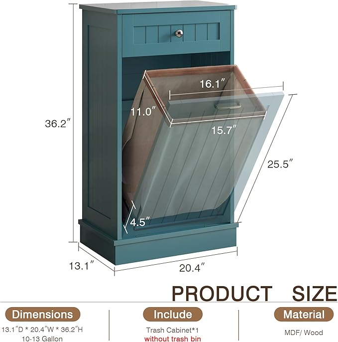 KIGOTY Tilt Out Trash Cabinet,Wooden Kitchen Trash Bin Holder Garbage Bin Recycling Cabinet Laundry Hamper with Solid Wood Countertop and Hideaway Drawer (Teal Blue)
