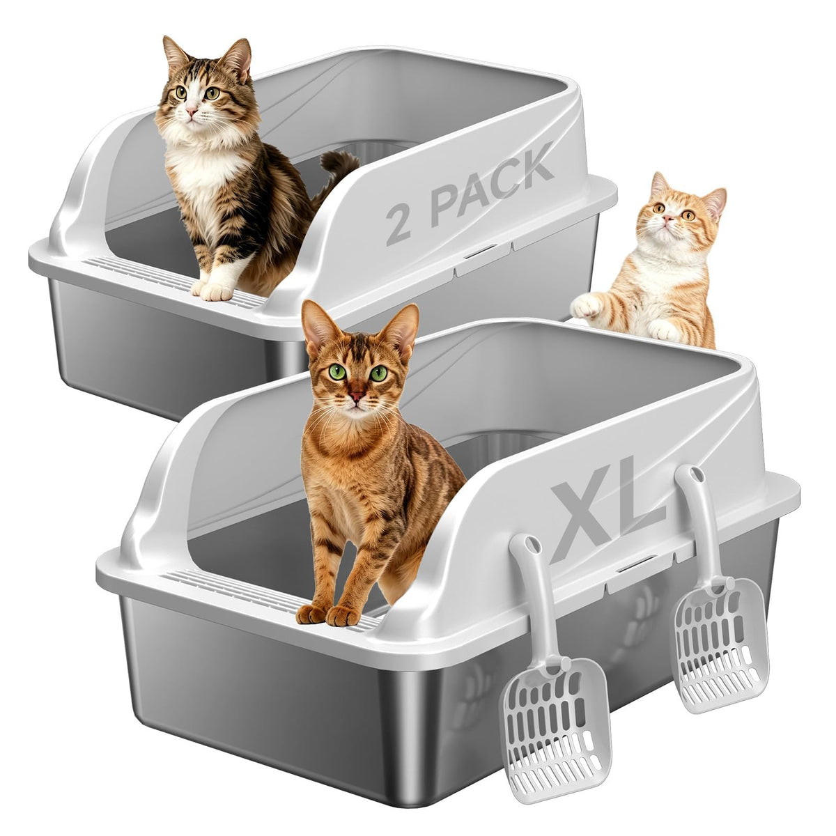 KISENG 2-Pack Stainless Steel Litter Box Large Easy Clean 2-Scoop Included