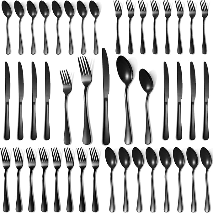 Lazycorner 40 Pcs Black Silverware Set for 8, Mirror Polished Flatware Set Stainless Steel Fork Knife Spoon, Food Grade Eating Utensils Sets, Reusable Silverwear Cutlery Set, Dishwasher Safe