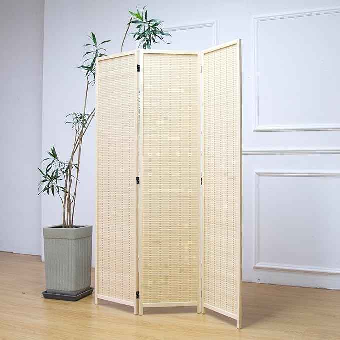 3 Panel Room Divider and Folding Panel Screen,Bamboo Panel Divider Screen for Room Separation,Beige,67" H x 46" W