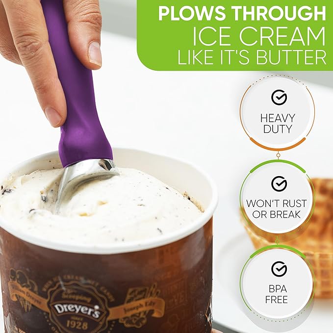 Spring Chef Ice Cream Scoop with Soft Grip Handle, Professional Heavy Duty Sturdy Scooper, Premium Kitchen Tool for Cookie Dough, Gelato, Sorbet, Purple