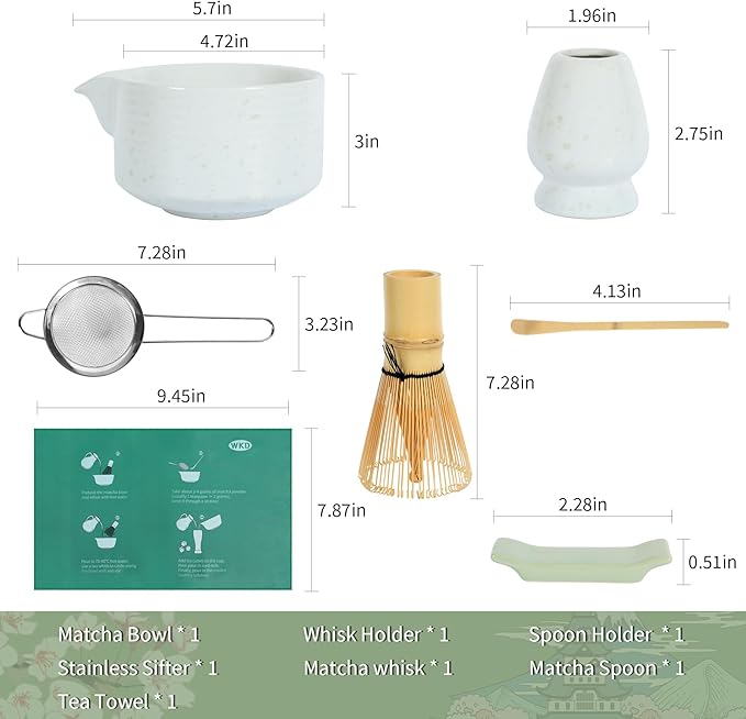Matcha Bowl Set, Matcha Whisk and Holder, Stainless Sifter & Bamboo Scoop, Towel, 7 PCS Matcha Starter Kit for Matcha Lovers, White