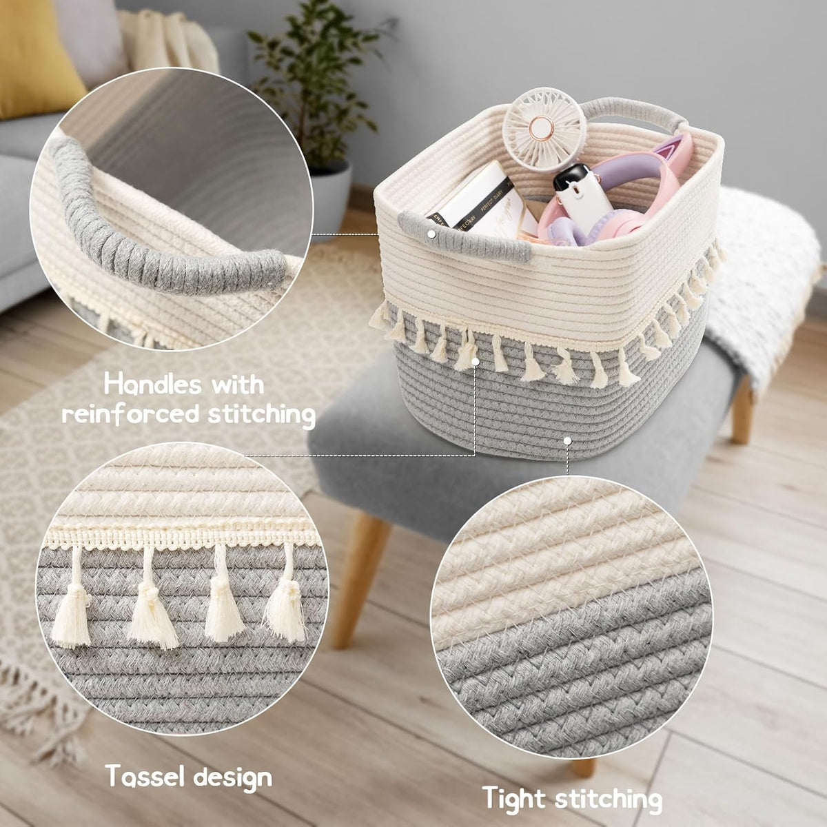 TeoKJ Storage Basket 3 Pack for Organizing, Cotton Rope Baskets for Toy, Clothes, Blankets, Decorative Basket for Living Room, Nursery, Bathroom, White & Gray