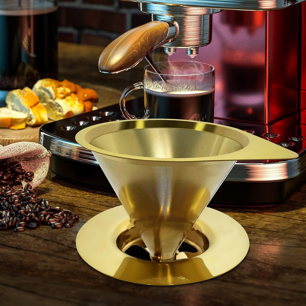 LHS Pour Over Coffee Dripper Reusable Coffee Filter Paperless Coffee Filter Stainless Steel Pour Over Coffee Maker Cone Coffee Dripper for 1-2 Cup,Gold