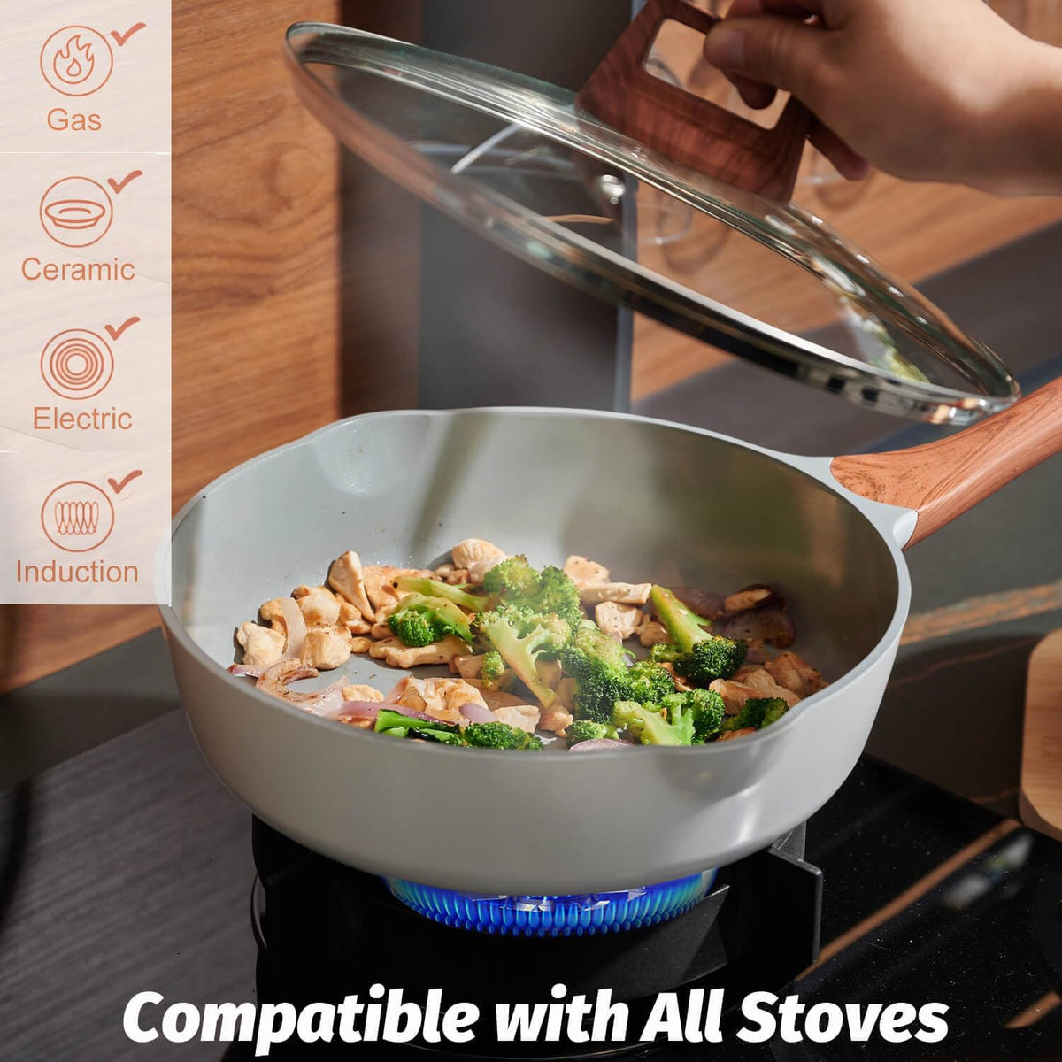 Nonstick Ceramic Frying Pan With Lid, 10 Inches Deep Frying Pan Non Stick Skillet With Pour Spout, Non Toxic Cookware for Stove, Induction, Gas, PB/CD/PFOA Free (White,10 Inches)