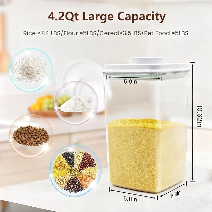4 Pcs Large Pop Airtight Food Storage Containers Set with Lids, 4.2Qt/4L Food Containers with Scoop, Kitchen Pantry Organization and Storage, BPA Free Stackable Cereal Container (4 * 4.2Qt)