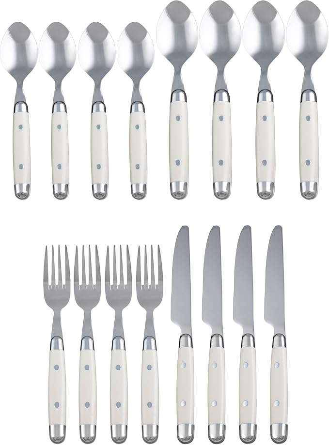 Cambridge Silverware Set, Jubilee White 16-Piece Flatware Set, Service for 4, 18/0 Stainless Steel, Silver Mirror Finish Beige Handles, Knives Spoons and Forks set, Dishwasher Safe, (Beige, 16 Pieces)