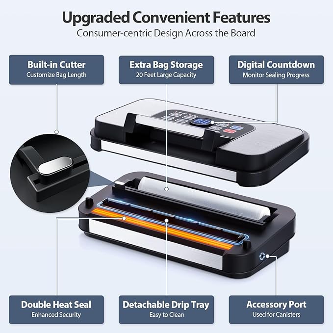 95Kpa Powerful Precision Pro Vacuum Sealer, with Double Heat Seal & Double Pump, Easy-Lock Handle, 10-in-1 Vacuum Sealer Machine for Food with Bags Storage, Built-in Cutter, Stainless Steel