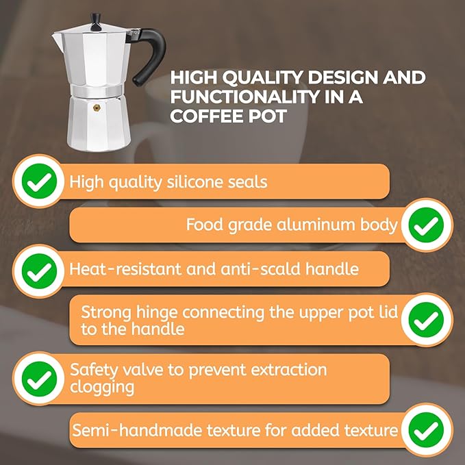 Aluminum 6 Cup 300ml Moka Pot Express Coffee Maker Stovetop Espresso Percolator Coffeemaker Italian Classic Style Brewing Greca Cafe Mocha Machine for Cafeteras Lover Camping Travel and Home Use 10oz