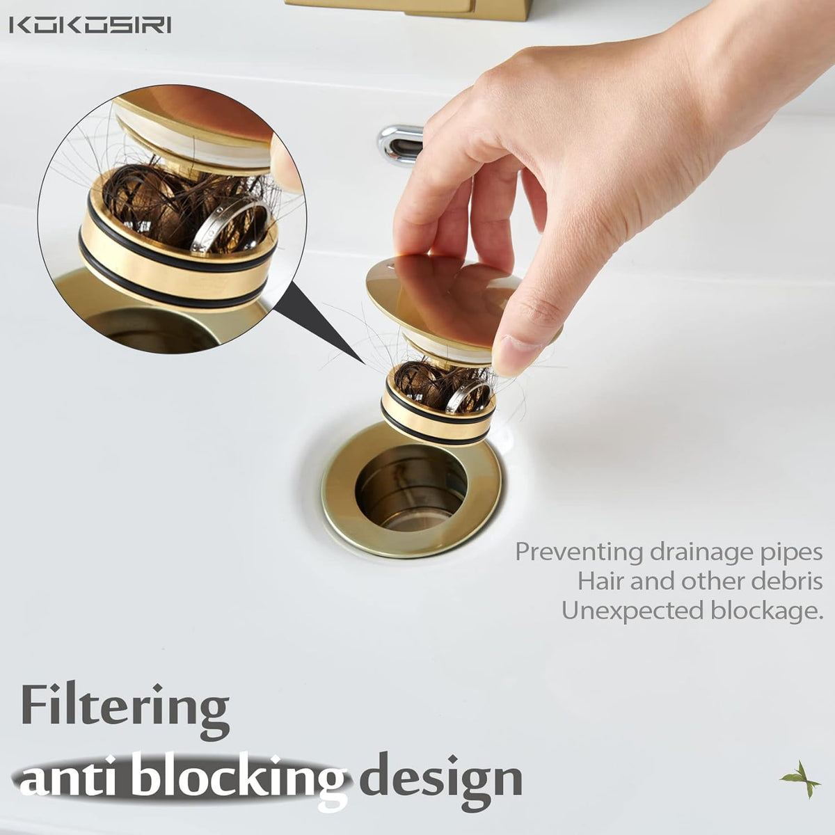 KOKOSIRI Bathroom Sink Drain with Detachable Hair Catcher, Brushed Gold Pop Up Sink Drain with Strainer Basket Anti Clogging for Vanity Vessel Sink with Overflow, C1001BG