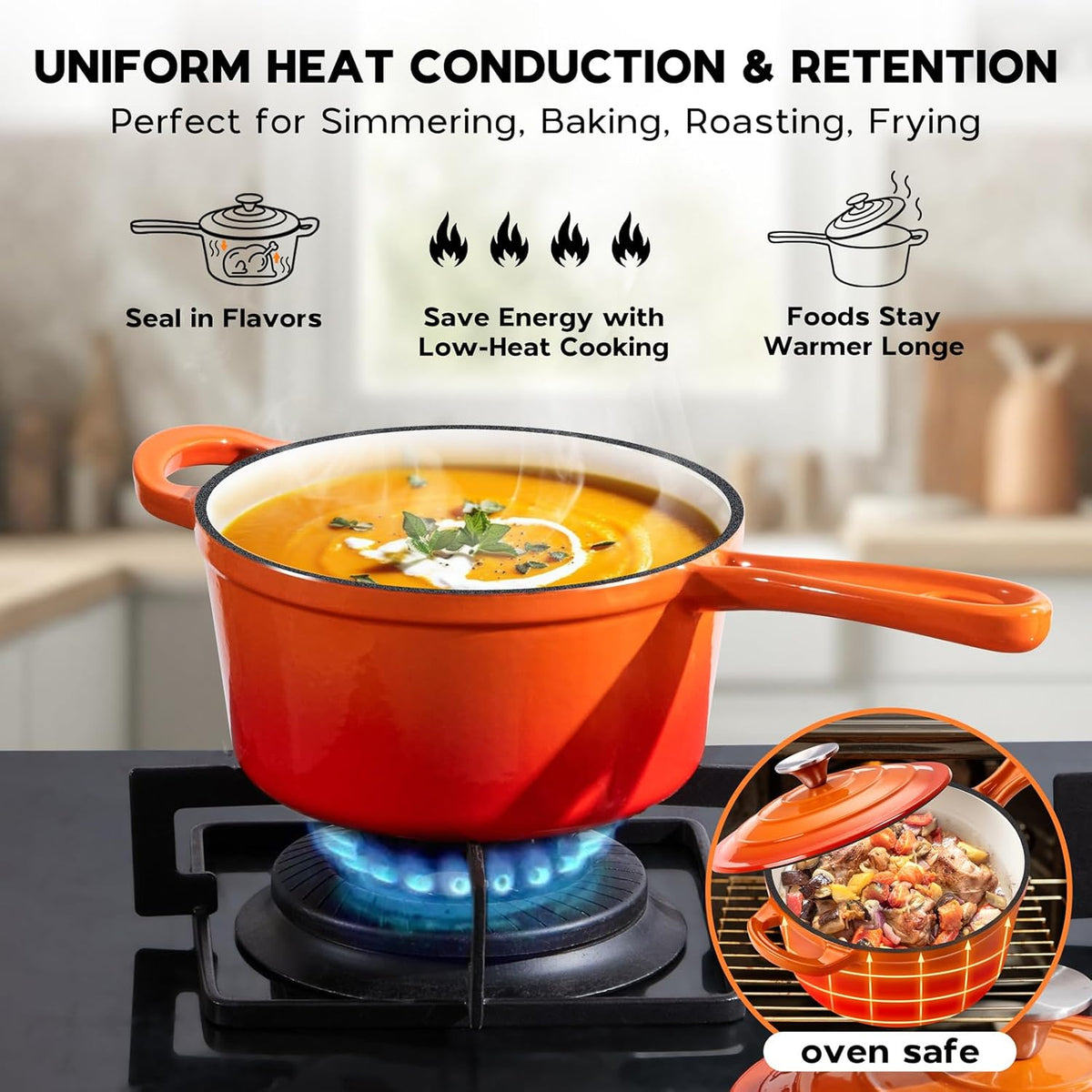 Enameled Cast Iron Sauce Pan Pot, Onader 1QT Saucepan with Lid, Small Enamel Dutch Oven Kitchen Cooking Pot – Sunset Orange
