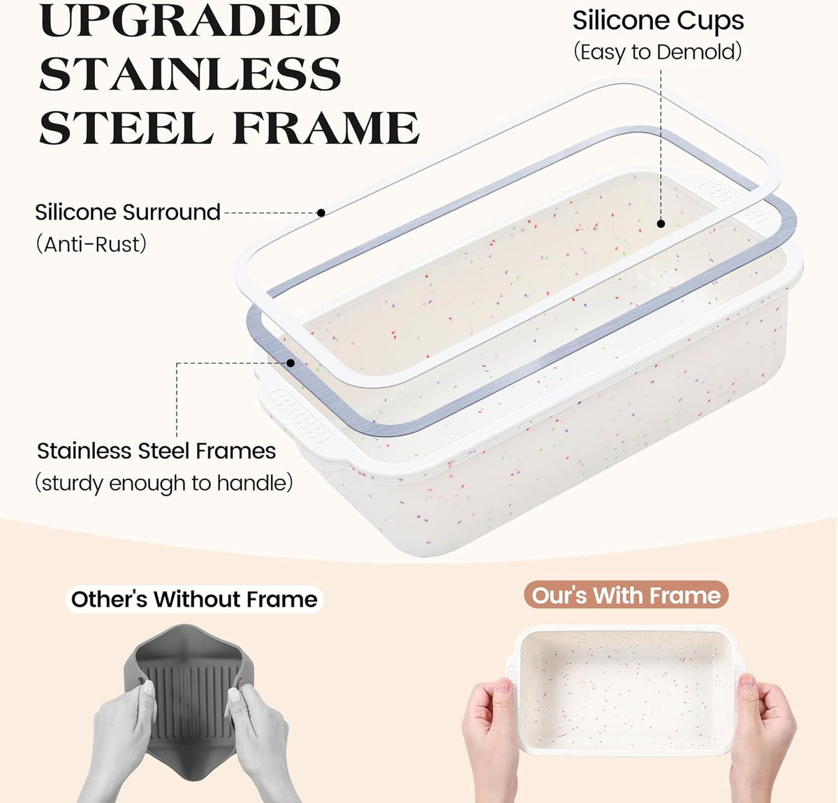2 Pcs Silicone Bread Loaf Pan Nonstick Silicone Loaf Pans for Baking 9x5 inch Large Bread Mold with Metal Reinforced Frame(Cream)