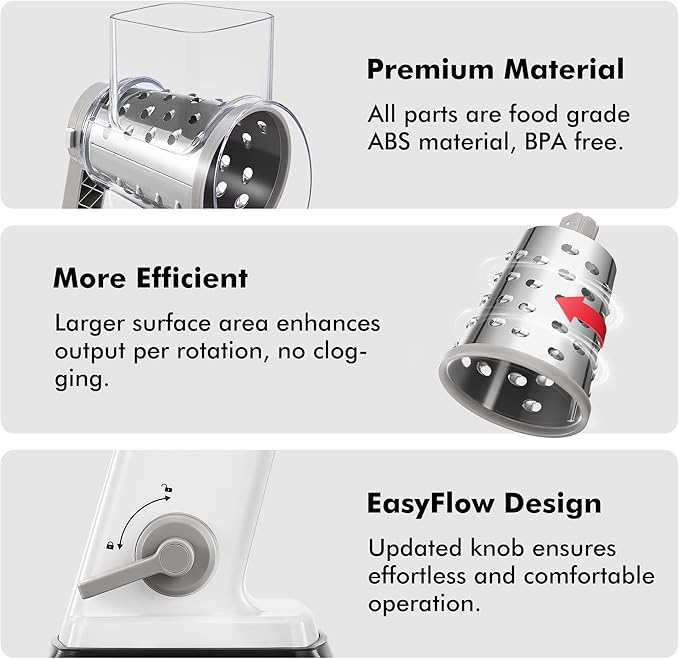 Geedel Rotary Cheese Grater - Upgraded Vegetable Shredder with 4 Interchangeable Blades, Easy to Clean Cheese Shredder with Handle, Kitchen Grater Nuts Grinder for Cutting Cheese, Vegetable, Nuts