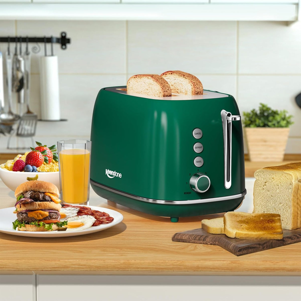Toaster 2 Slice Stainless Steel with 6 Bread Shade Settings, Bagel, Cancel, Defrost Function, Retro 2 Slice Toaster with Extra Wide Slot, Removable Crumb Tray, dark green