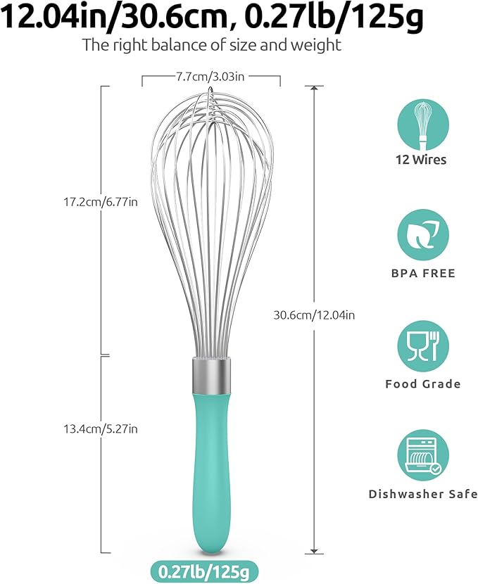 U-Taste Balloon Whisk for Cooking: 18/10 Stainless Steel Kitchen Wire Whisk, 12in Large Heavy Duty Egg Beater, Manual Mixing Tool with 12 High Flex Wires for Stirring, Blending Sauce (Aqua Sky)