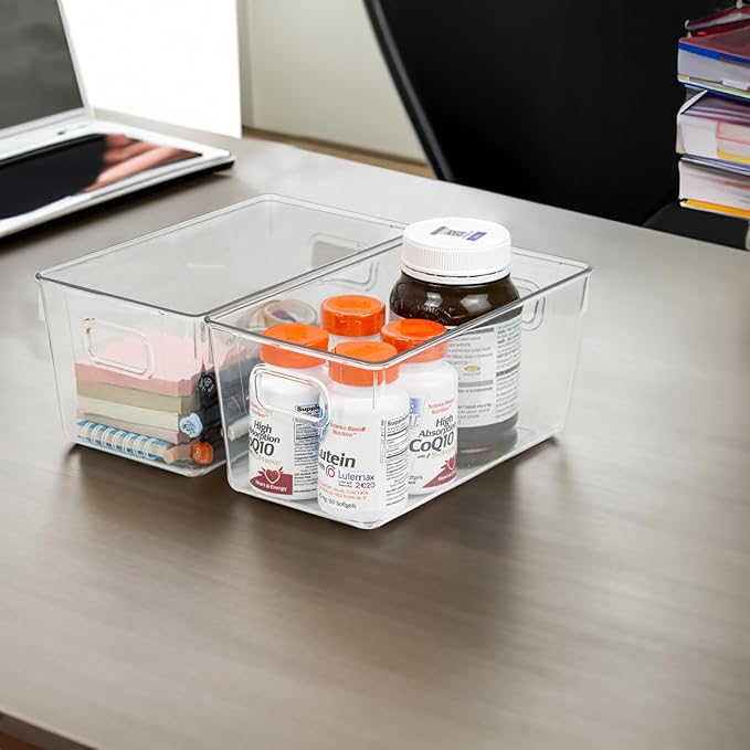 10 PACK Clear Storage Bins Clear Storage Containers for Kitchen Pantry Organization, Organizing Bins with Built in Handles, Cabinet Organizers