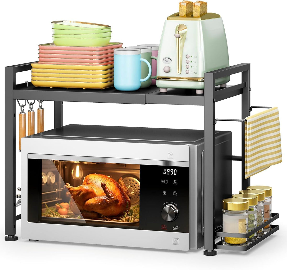 DOLALIKE Microwave Oven Rack, Expandable Microwave Stand Countertop Kitchen Utensils Tableware Storage, Carbon Steel Over Microwave Shelf Countertop with 6 Hooks