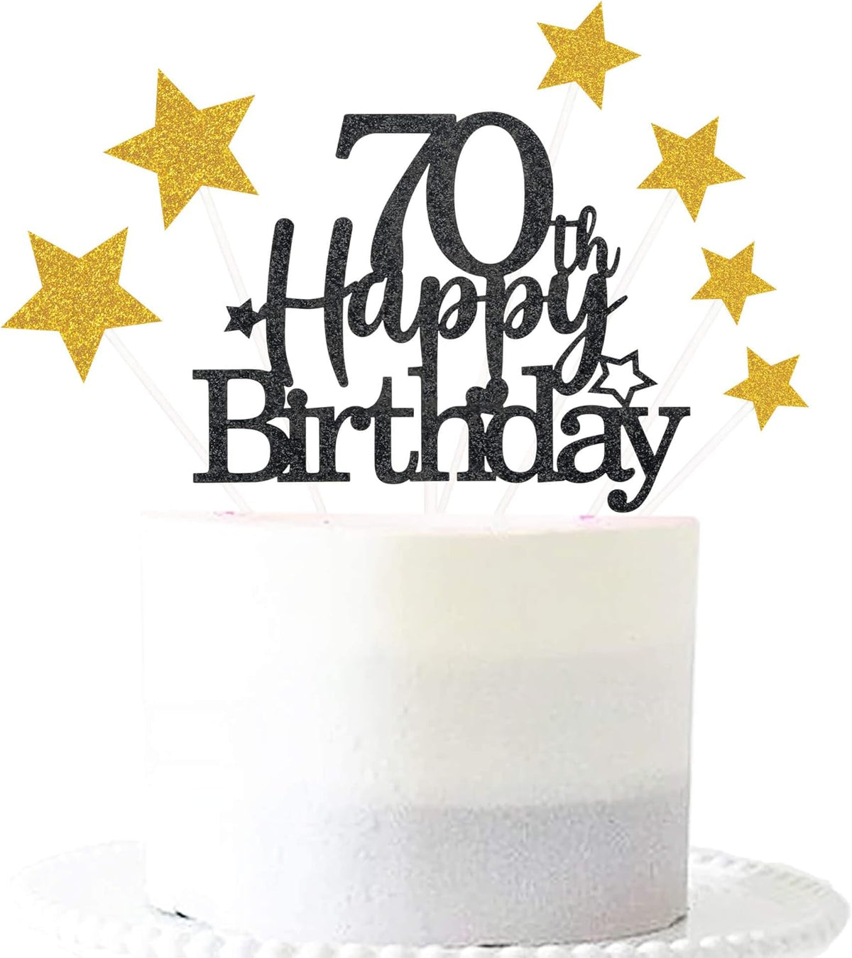 Glittery 70th Happy Birthday Cake Topper with Star,Personalised 70 Birthday Cake Toppers Party Decorations Party Supplies for Men Women Black Gold