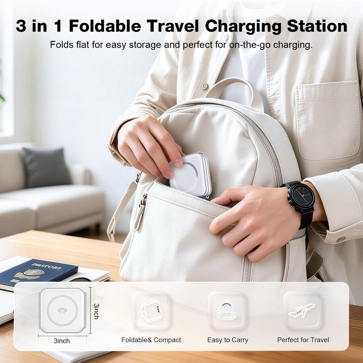 Wireless Charger 3 in 1,RTOPS Magnetic GaN Travel Wireless Charging Station Compatible with Apple Magsafe Multiple Devices for iphone17/16/15/14/13/Pro/Max,iWatch,AirPods4/3/2/Pro (Adapter Includes)