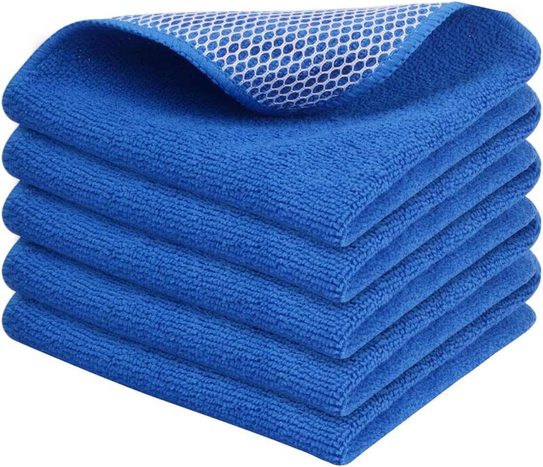 SINLAND Absorbent Microfiber Dish Cloths for Washing Dishes Best Kitchen Cloths Cleaning Cloth with Poly Scour Side 12Inchx12Inch 5 Pack Dark Blue