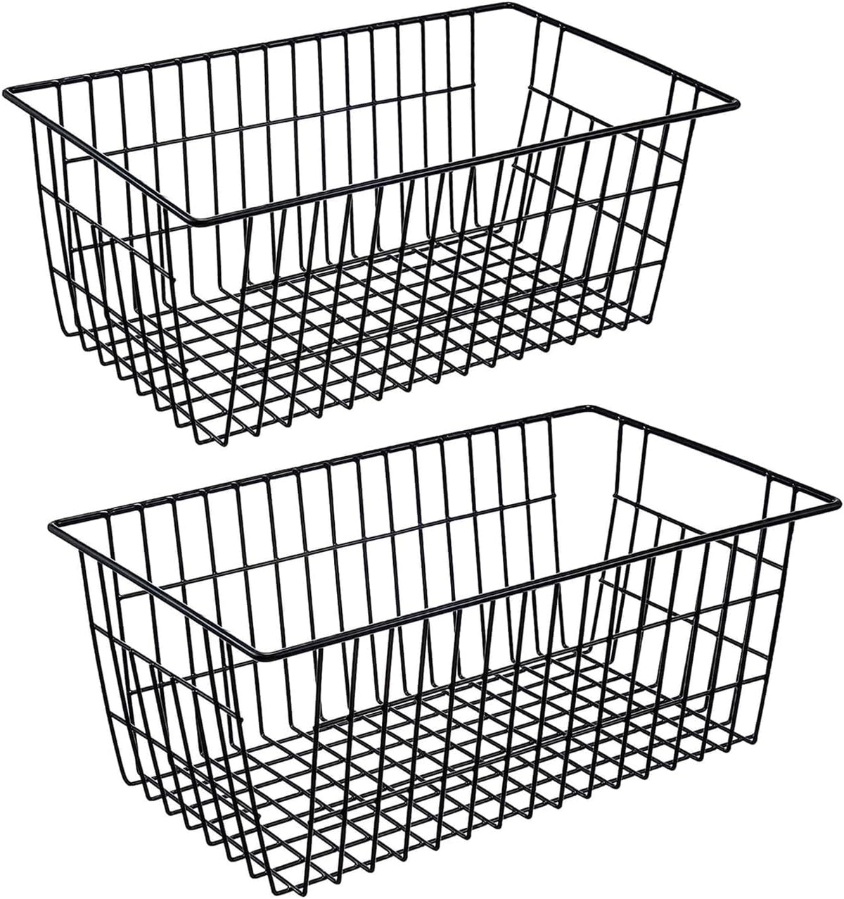 Redrubbit Wire Storage Baskets, Large Farmhouse Metal Freezer Basket Storage Organizer Bins with Handles for Kitchen Cabinets, Pantry, Closets, Bedrooms, Bathrooms, Set of 2, Black