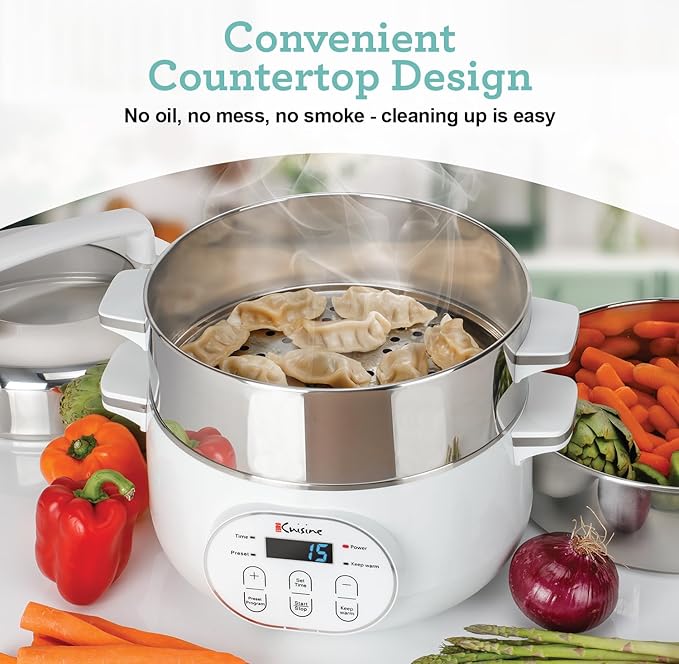 Euro Cuisine FS2500 Electric Food Steamer, Versatile Vegetable Steamer & Steam Cooker Ideal for Fish, Veggie, Meat, Stainless Steel 1200 Watts