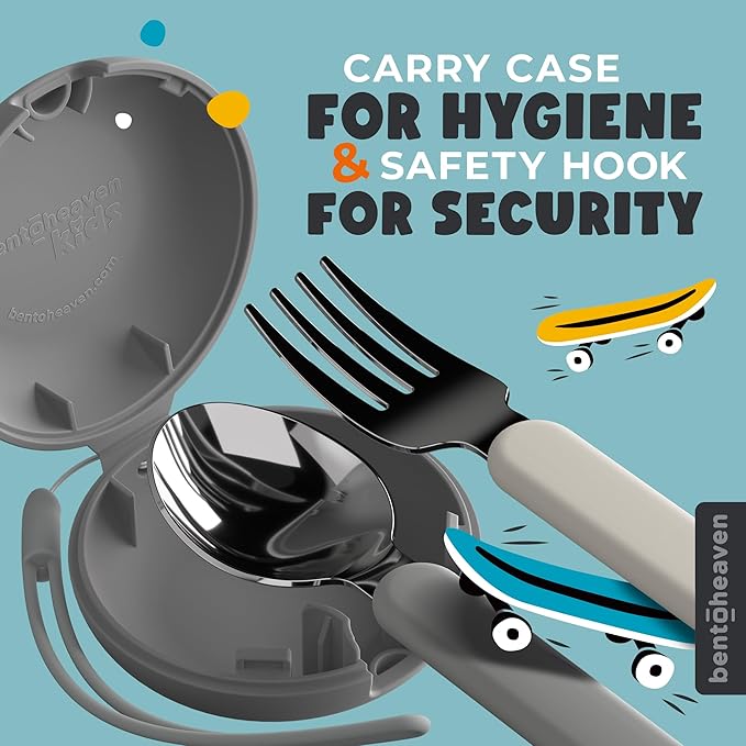 Bentoheaven Kids Travel Utensils with Case, Food-Grade Stainless Steel & BPA-Free Plastic, Travel Kid Cutlery Set, Dishwasher Safe Fork, Spoon & Case, Reusable Flatware, Silverware for Kids (Bulldog)