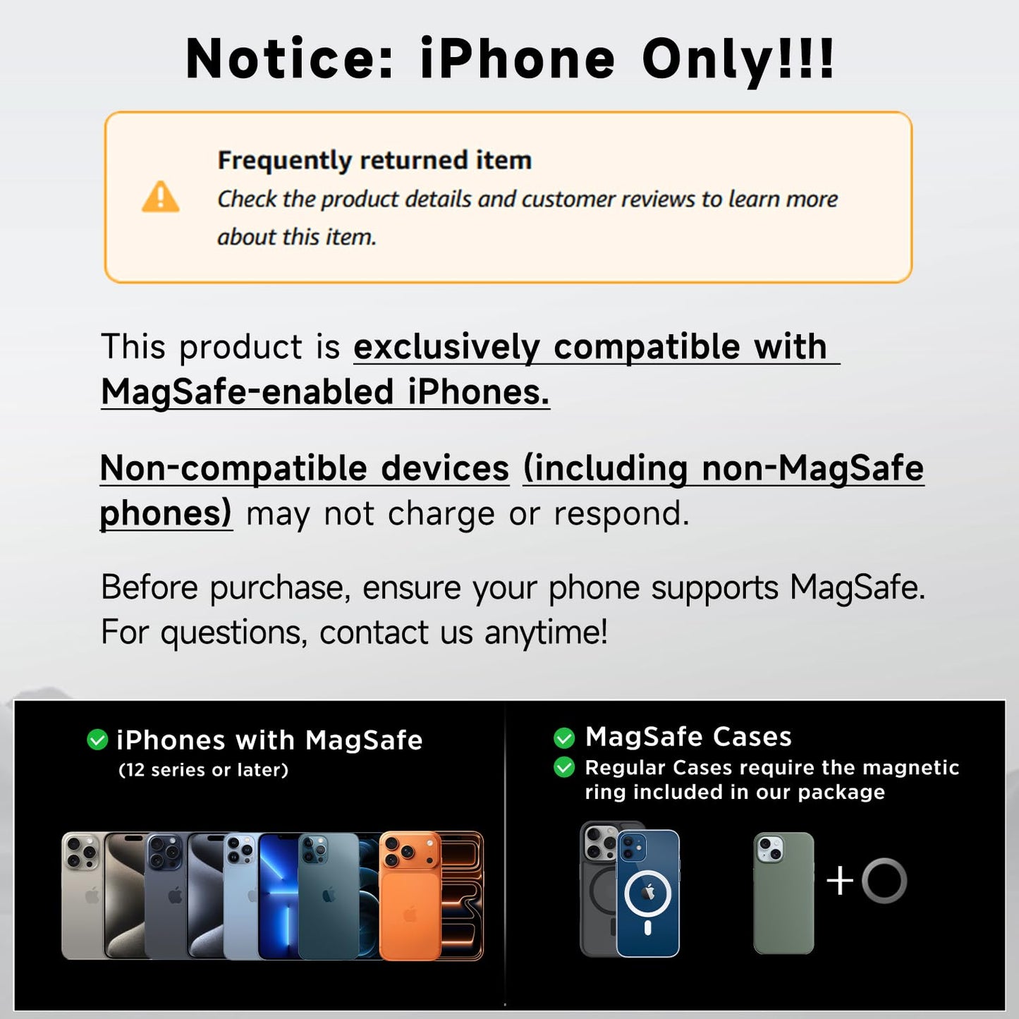 ACMEZING 15W Only for iPhone MagSafe Car Mount Charger, 360% Adjustable Aluminum Alloy Arm, Relocatable Car Phone Holder, Magnetic Wireless Fast Charging, Cell Phone Holder for All Car Models, Black