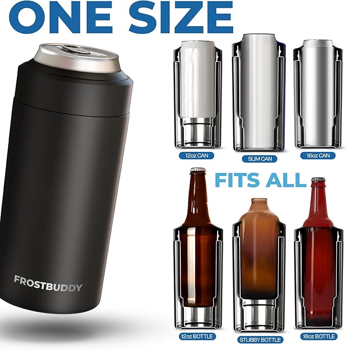 Frost Buddy Universal Buddy Can Cooler - Fits All - For Regular 12 & 16 oz or Slim-Size Bottles - Insulated Double-Walled Stainless Steel (Texastea)