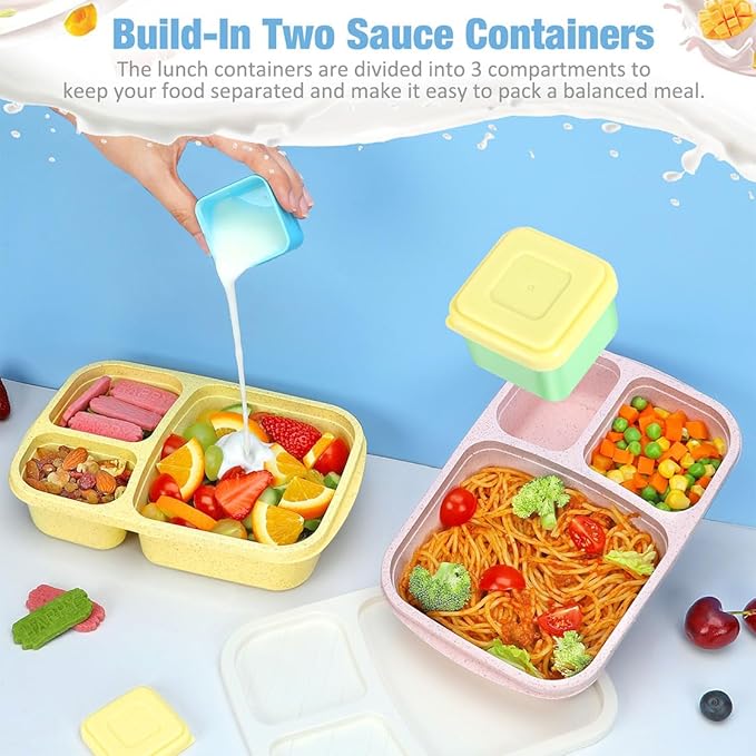 Caperci Bento Lunch Box Containers for Adults & Kids - 3-Compartment Reusable Meal Prep Containers with 2 Sauce Containers for School, Work, Travel, Wheat Straw, 4-Pack (Vintage Colors)