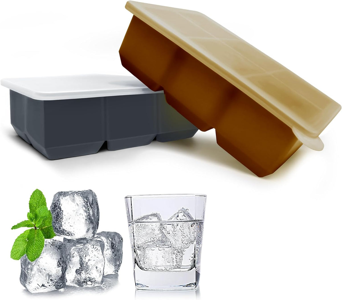 Silicone Ice Cube Trays with Lids,Large Square Ice Cube Molds for Freezer, Whiskey, Cocktail, Stackable Flexible and Reusable & Easy Release BPA Free (2 Pack&Dark Gray and Golden)