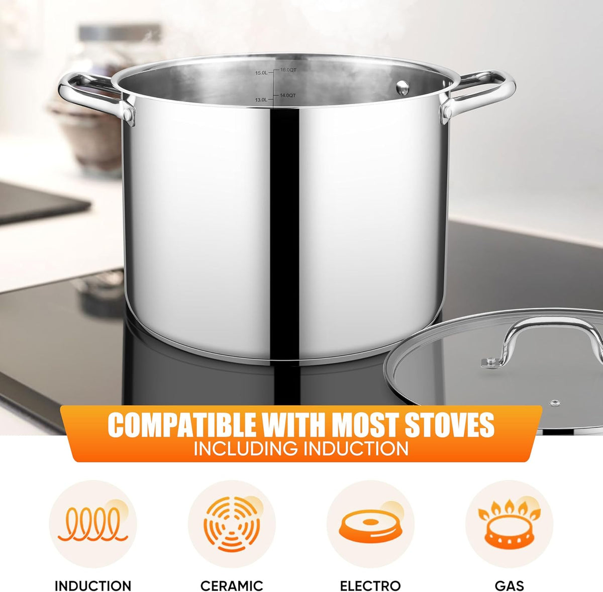 E-far 16 Quart Stainless Steel Stock Pot, Large Heavy Duty Induction Stockpot with Glass Lid for Cooking Soup Canning, Thick Tri-Ply Bottom & Riveted Handle, Compatible with All Stove, Dishwasher Safe