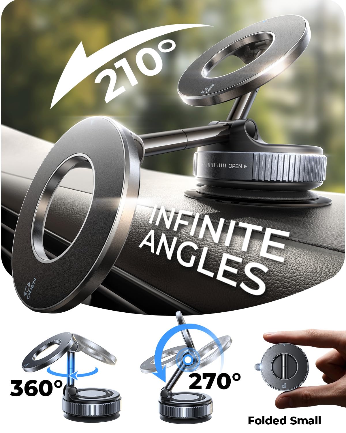 MRGLAS 2026 Upgraded for MagSafe Vacuum Car Phone Mount, 2800gf Strong Magnetic Phone Holders for Your Car, 360° Adjustable 98LBS Suction Cup Car Mount, Car & Truck Accessory for iPhone 12–17 Pro Max