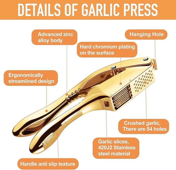 Garlic press and slicer 2 in 1,Effortlessly Crush, Slice, and Mince Garlic,with this Versatile Kitchen Tool - Perfect for Home Cooks and Professional Chefs Alike. (Golden)