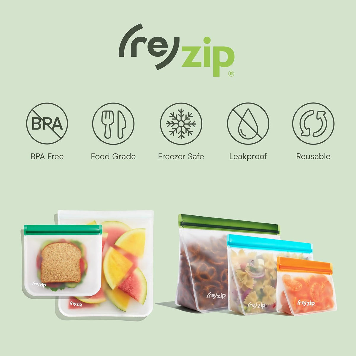 (re) zip 3-Piece Stand-Up Reusable Bag Kit | BPA-Free, Food Grade, Leakproof, Travel Friendly, Freezer and Dishwasher Safe | Quart (1), 2-Cup (1), Snack Size (1) | Solid Gray